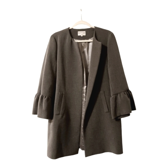 Patty Kim Italian Gray New York Kelly Coat Ruffle Sleeve Silky Lining Sz Lg - Picture 1 of 7